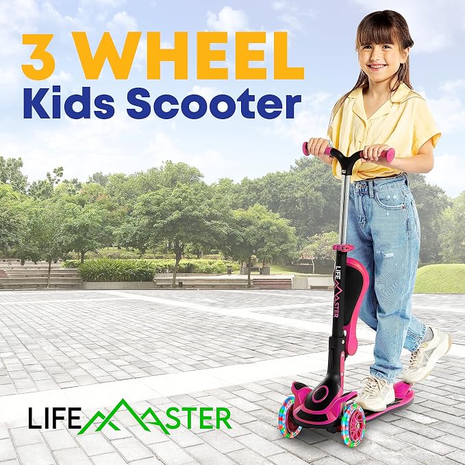 3 Wheel Scooter for Kids with Foldable Seat, Adjustable Handlebar Height, Lean-to-Steer Ride On Toy for Kids Ages 2+, Light-Up LED Wheels, Wide Anti Slip Deck, Indoor & Outdoor Use