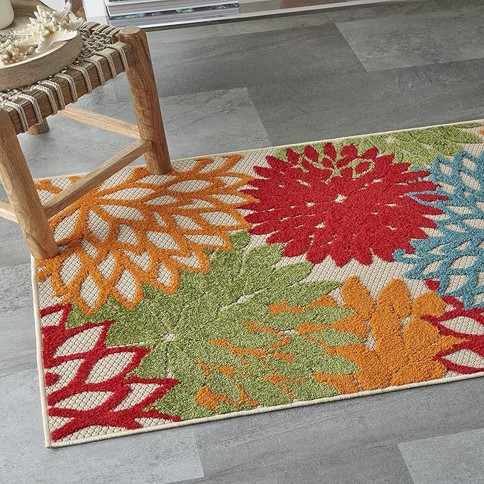 Nourison Home Aloha Indoor/Outdoor Green 2'8" x 4' Area Rug, Tropical, Botanical, Easy Clean, Non Shedding, Bed Room, Living Room, Dining Room, Deck, Backyard, Patio (3x4)