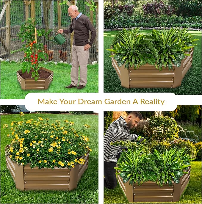 Sunnydaze Galvanized Raised Garden Bed Kit - 4x3x1 ft Outdoor Raised Garden Bed - Metal Planter Box for Vegetables, Flowers, Herbs - Brown - Hexagon