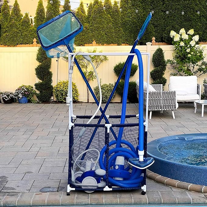 Pool Equipment Holder with Towel Drying Bars, Mesh Rolling Multi Use Storage Organizer Bin, Large Towel Hanger (25" L x 34.5" W x 62.6" H), Blue