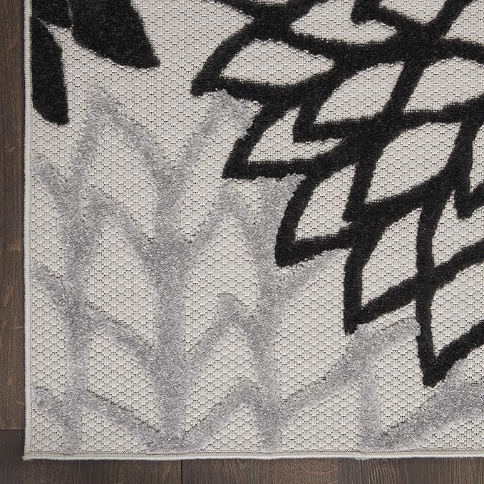 Nourison Home Aloha Indoor/Outdoor Black White 2'3" x 10' Area Rug, Tropical, Botanical, Easy Cleaning, Non Shedding, Bed Room, Living Room, Dining Room, Deck, Backyard, Patio (2x10)