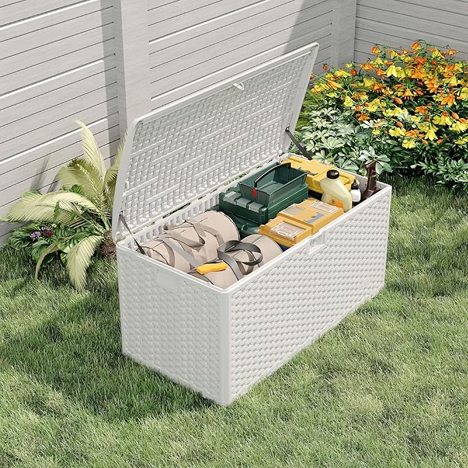 99 Gallon Waterproof Large Resin Deck Box Indoor Outdoor, Lockable Storage Container for Patio Furniture Cushions, Throw Pillows, Garden Tools, and Pool Floats White 50" L x 26" W x 25" H