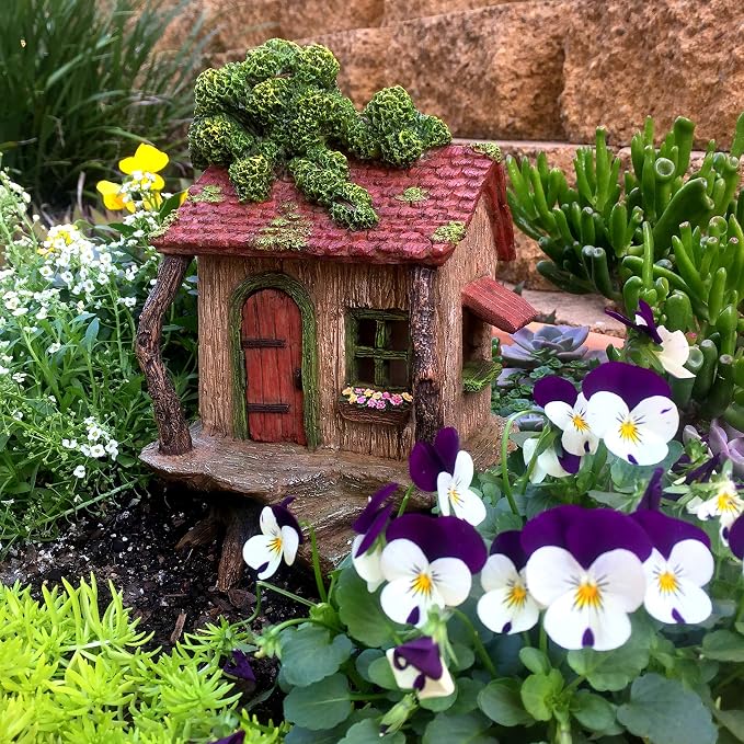 PRETMANNS Fairy Garden Treehouse for Outside - 9" H x 4" W Hand-Painted Resin Fairy House with Opening Door and Window Box - Waterproof Miniature Cottage for Patio Planter Balcony Decor, Gift Ready