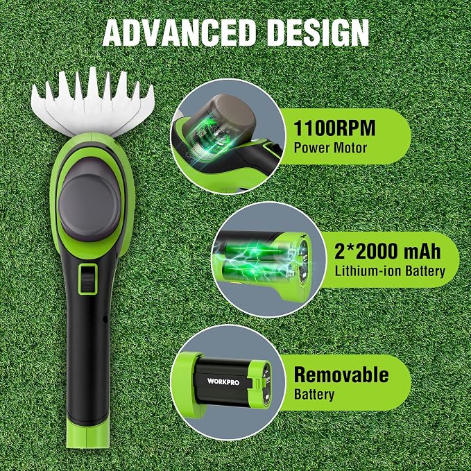 WORKPRO 7.2V Handheld Grass Trimmer, 2-in-1 Cordless Hedge Trimmer & Grass Shears with 44.5” Wheeled Extension Pole, 2Ah Battery, Shrub Trimmer for Lawn Edging, Garden, Yard & Hedge Trimming