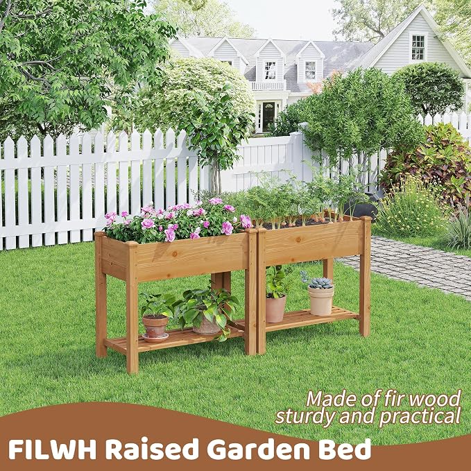 Raised Garden Bed with Legs Elevated Wooden Planter Box Stand Large Planter Stand Box for Fruits Vegetables Flowers with Divider with Bag - 34x18x30.5IN（Brown）