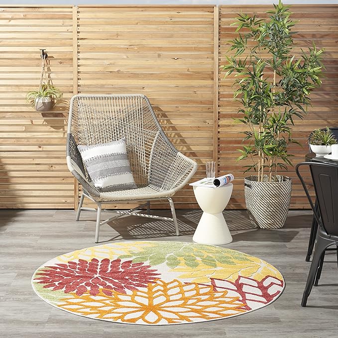Nourison Home Aloha Indoor/Outdoor Red Multi Colored 5'3" x Round Area Rug, Tropical, Botanical, Easy Cleaning, Non Shedding, Bed Room, Living Room, Dining Room, Deck, Backyard, Patio (5 Round)