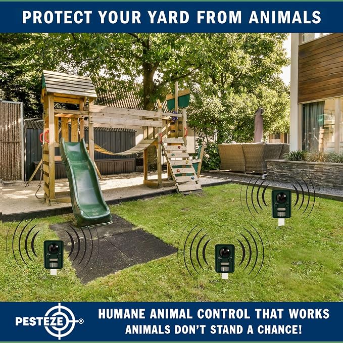 PESTEZE USA Solar Ultrasonic Animal Repellent – Detects & Deters Unwanted Skunk, Deer, Coyote, Fox, Wolf, Rabbit, Raccoon & Birds Using Motion Activation; Outdoor Pest Protection for Yards & Livestock