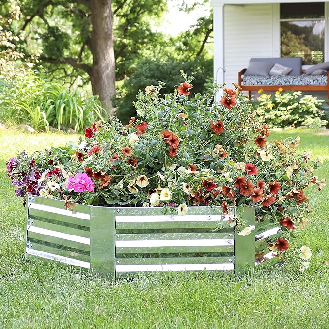Sunnydaze Galvanized Raised Garden Bed Kit - 4x3x1 ft Outdoor Raised Garden Bed - Metal Planter Box for Vegetables, Flowers, Herbs - Silver - Hexagon