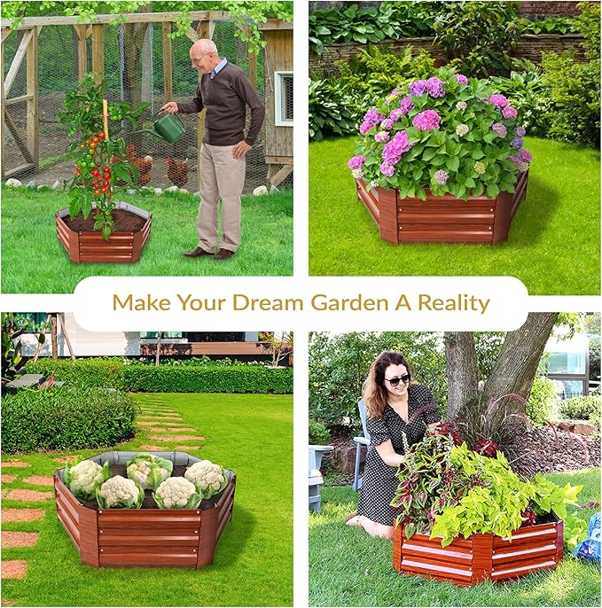 Sunnydaze Galvanized Raised Garden Bed Kit - 4x3x1 ft Outdoor Raised Garden Bed - Metal Planter Box for Vegetables, Flowers, Herbs - Woodgrain - Hexagon