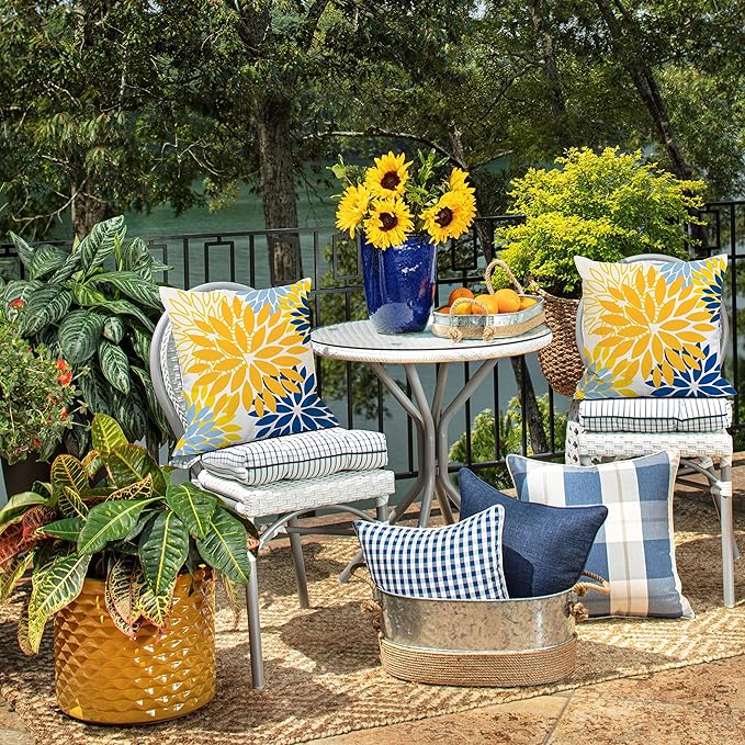 DFXSZ Yellow Blue Flower Pillow Covers 16x16 Inch Set of 2 White Gray Colored Throw Pillows Outdoor Waterproof Decor for Living Room Sofa Patio Funiture Garden Floral Polyester Pillow Covers 002J16