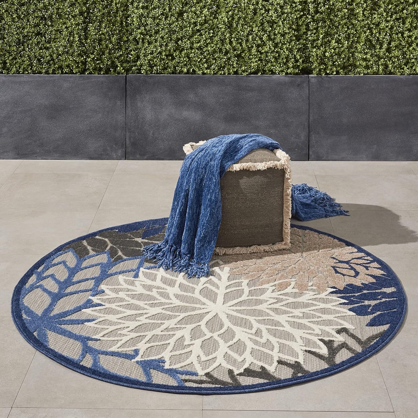Nourison Aloha Indoor/Outdoor Blue/Multicolor 4' x Round Area Rug, Tropical, Botanical, Easy Cleaning, Non Shedding, Bed Room, Living Room, Dining Room, Deck, Backyard, Patio (4 Round)
