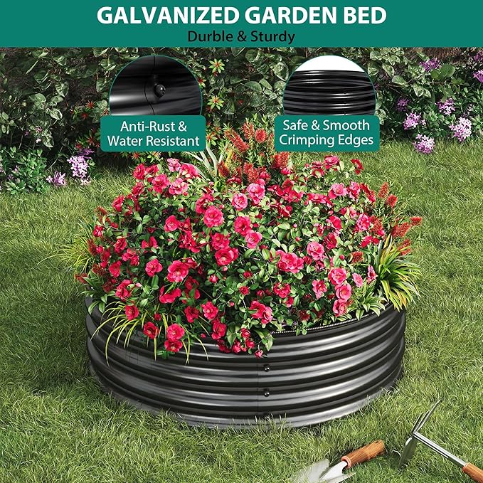 Garvee Round Raised Garden Bed, 2PCS 2 x 1ft Galvanized Raised Boxes with Rust-Resistant, Easy Assembly, Safe Edge, Metal Garden Bed Kit for Planting Vegetables, Fruits, Flowers, Black