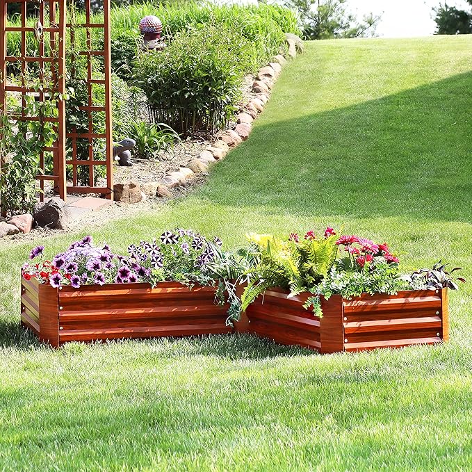 Sunnydaze Galvanized Raised Garden Bed Kit - 5x5x1 ft Outdoor Raised Garden Bed - Metal Planter Box for Vegetables, Flowers, Herbs - Woodgrain - L-Shaped