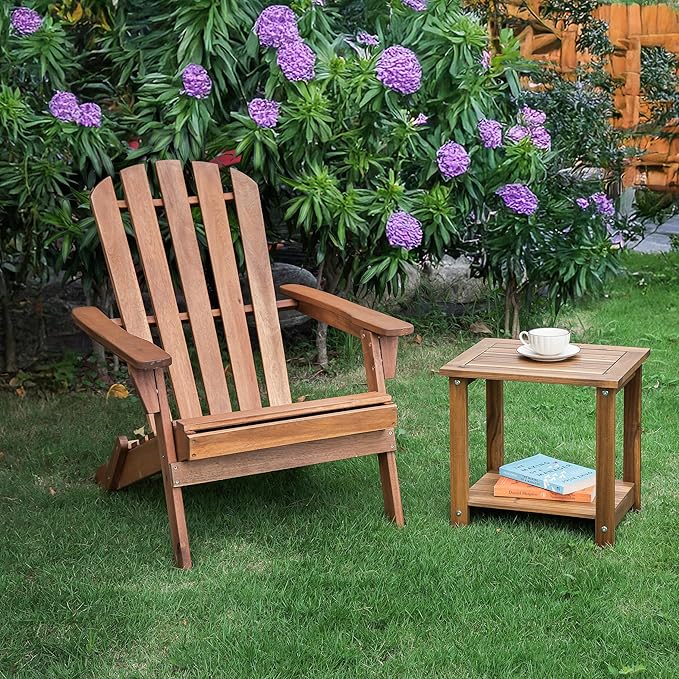 VICTORY RELAX Solid Acacia Wood Side Table with 2-Tier Storage, Weather-Resistant Outdoor Indoor End Table, Natural Rustic Color Night Stand