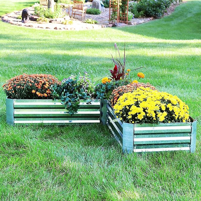 Sunnydaze Galvanized Raised Garden Bed Kit - 5x5x1 ft Outdoor Raised Garden Bed - Metal Planter Box for Vegetables, Flowers, Herbs - Silver - L-Shaped