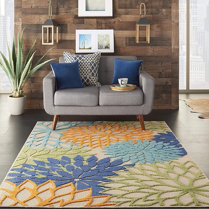 Nourison Home Aloha Indoor/Outdoor Multicolor 3'6" x 5'6" Area-Rug, Tropical, Botanical, Easy-Cleaning, Non Shedding, Bed Room, Living Room, Dining Room, Deck, Backyard, Patio (3x5)