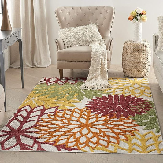 Nourison Home Aloha Indoor/Outdoor Red Multi Colored 3'6" x 5'6" Area Rug, Tropical, Botanical, Easy Cleaning, Non Shedding, Bed Room, Living Room, Dining Room, Deck, Backyard, Patio (3x5)