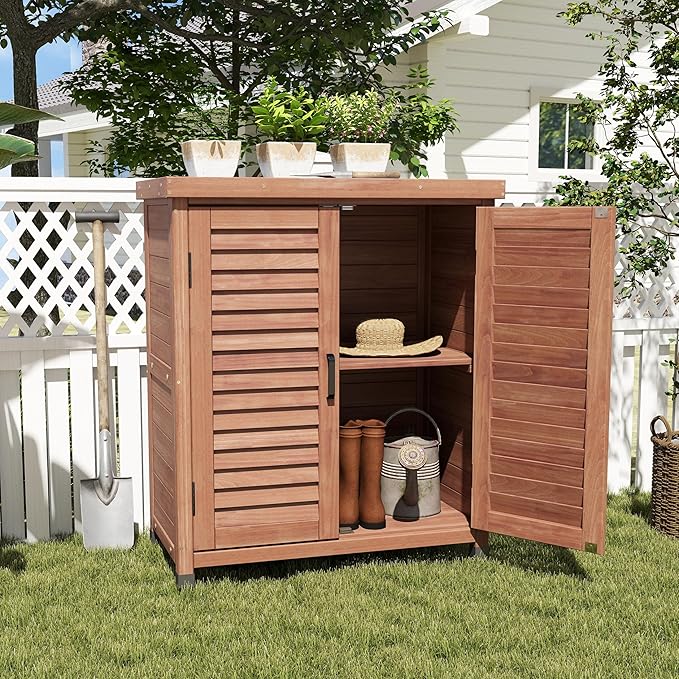 YOPTO Outdoor Wood Storage Cabinet,Garden Shed Tool with Metal Table Top, Backyard Waterproof Shelter W/Ventilated Screen Door & 2 Handles,2 Compartments,Workstation for Lawn,31x17x36'',Coffee