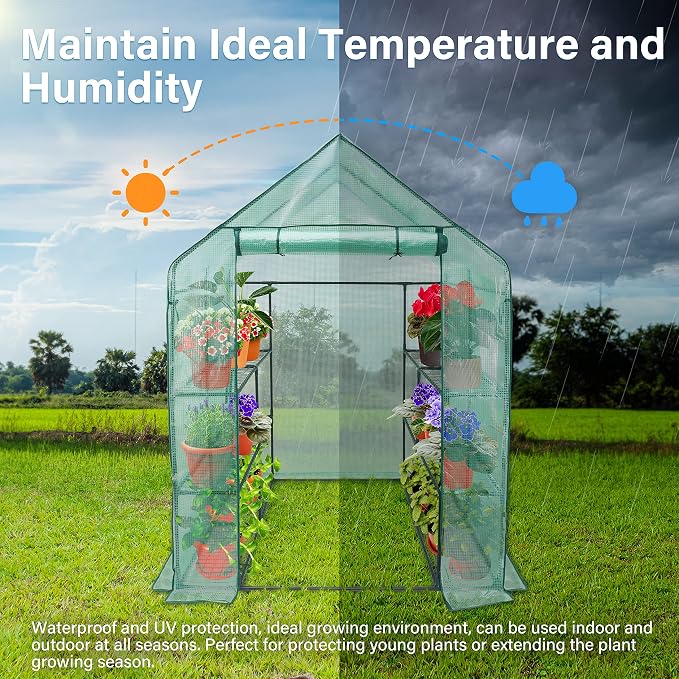iPower Walk-in Greenhouse Kit for Outdoors with Durable PE Cover and Observation Windows, 3-Tier 12-Shelves Portable Gardening Plant House, 4.7x4.8x6.4 FT
