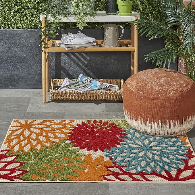 Nourison Home Aloha Indoor/Outdoor Green 2'8" x 4' Area Rug, Tropical, Botanical, Easy Clean, Non Shedding, Bed Room, Living Room, Dining Room, Deck, Backyard, Patio (3x4)