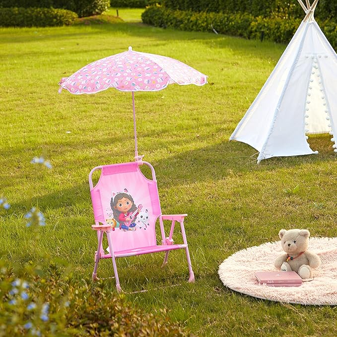 Gabby’s Dollhouse Kids Folding Beach Chair with Umbrella, Outdoor Chair for Girls Ages 3+,Portable, Lightweight, UV Protection - Patio, Pool, Beach Travel Accessory