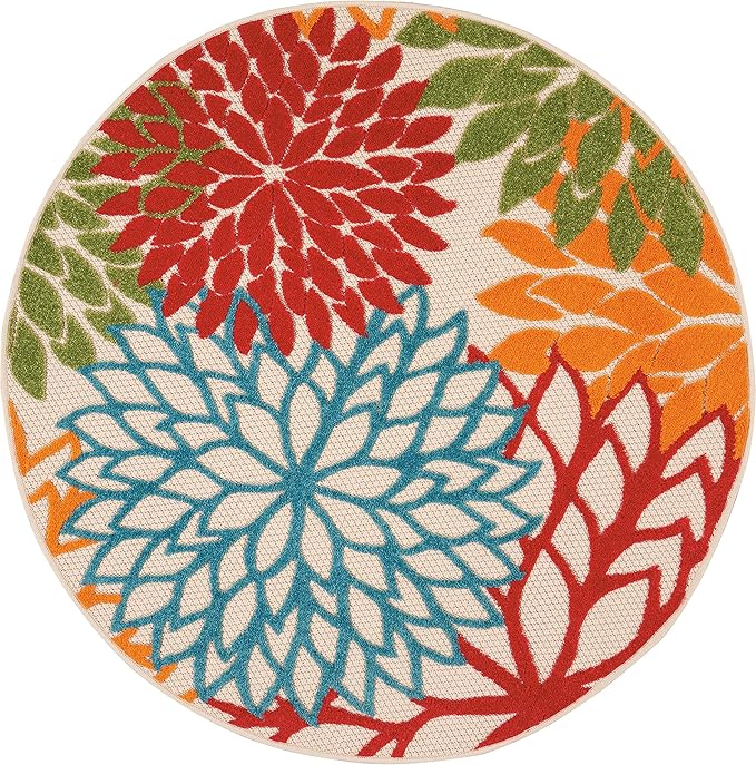Nourison Home Aloha Indoor/Outdoor Green 4' x Round Area-Rug, Tropical, Botanical, Easy-Cleaning, Non Shedding, Bed Room, Living Room, Dining Room, Deck, Backyard, Patio (4 Round)