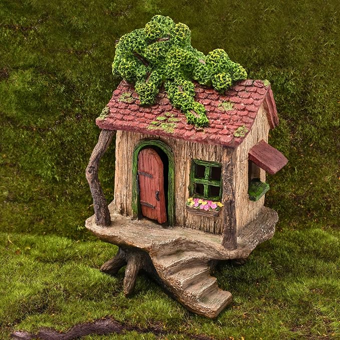 PRETMANNS Fairy Garden Treehouse for Outside - 9" H x 4" W Hand-Painted Resin Fairy House with Opening Door and Window Box - Waterproof Miniature Cottage for Patio Planter Balcony Decor, Gift Ready