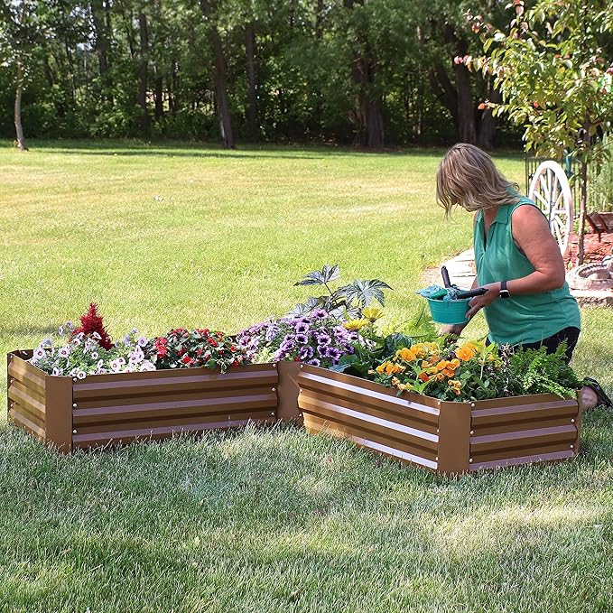 Sunnydaze Galvanized Raised Garden Bed Kit - 5x5x1 ft Outdoor Raised Garden Bed - Metal Planter Box for Vegetables, Flowers, Herbs - Brown - L-Shaped