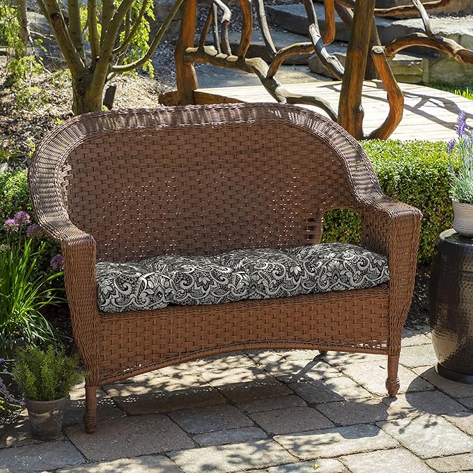 Arden Outdoor Wicker Settee Cushion, 41.5 x 18, Rain-Proof, Fade Resistant Black Aurora Damask
