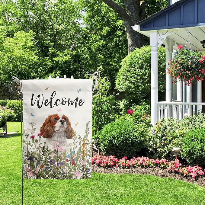 Floral Cavalier King Charles Spaniel Garden Flag Spring Summer House Flags 28 x 40 Double Sided Flower Dog Yard Flags for Outside Large Outdoor Welcome Flags
