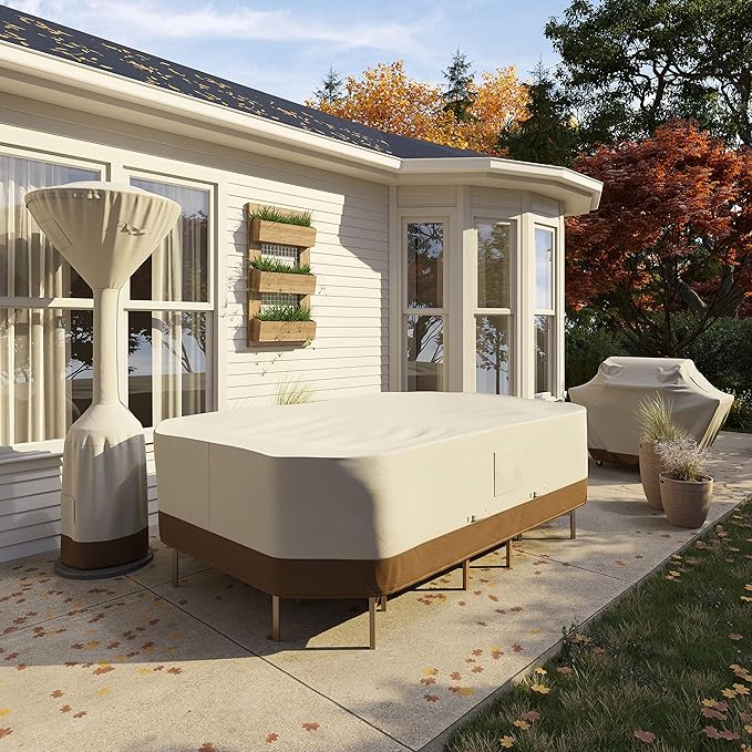 Amazon Basics Outdoor Patio Furniture Cover, Waterproof, UV Resistant, Weather Protection with Secure Straps, Large, Beige/Tan, 110" x 84"