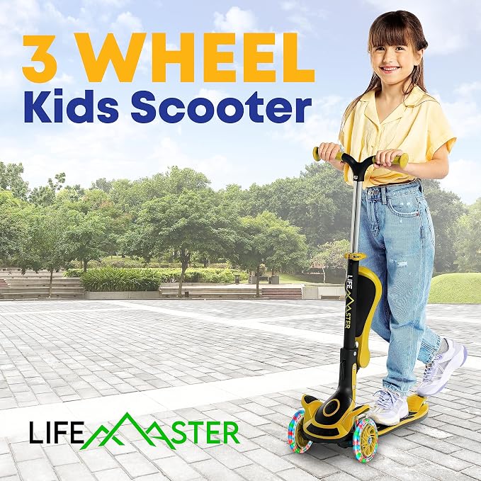 3 Wheel Scooter for Kids with Foldable Seat, Adjustable Handlebar Height, Lean-to-Steer Ride On Toy for Kids Ages 2+, Light-Up LED Wheels, Wide Anti Slip Deck, Indoor & Outdoor Use