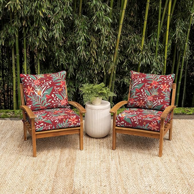 Arden earthFIBER Outdoor Foam Deep Seat Cushion (2-Pack), 24x24, Premium High-Density Foam, Never Flattens, Weather-Proof for Patio Chair Sofa Couch, Luau Red Tropical Floral