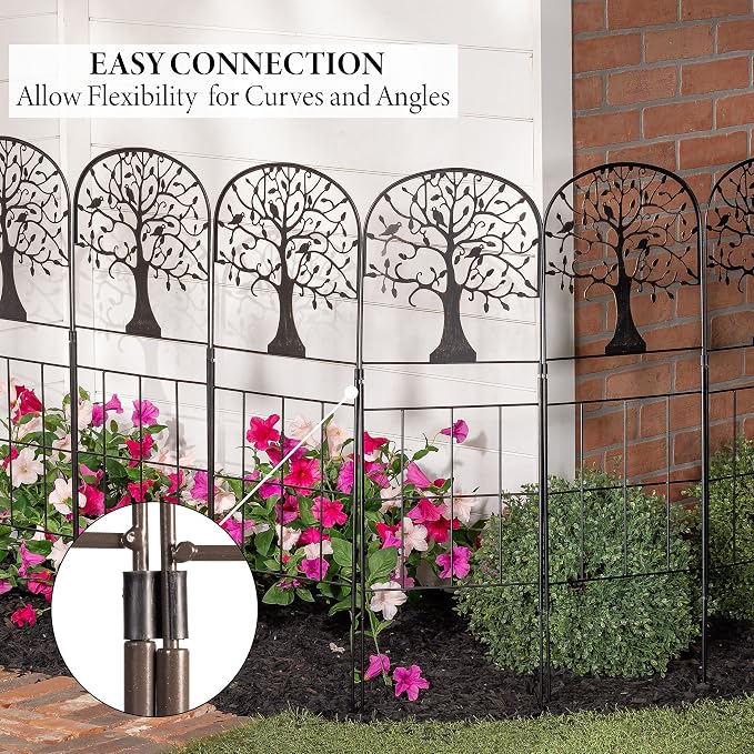 Evergreen Tree of Life Metal Landscape Edging 28" Above Ground, 8 ft Long Decorative Garden Fence Panels Animal Barrier, No Dig Edging for Flower Bed, Yard, Lawn