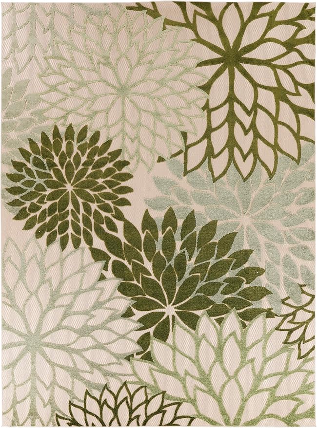 Nourison Home Aloha Indoor/Outdoor Ivory Green 12' x 15' Area Rug, Easy Cleaning, Non-Shedding, Bed Room, Living Room, Dining Room, Backyard, Patio, Deck (12x15)