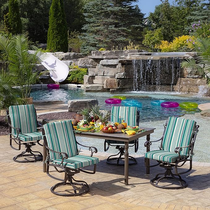 Arden Outdoor Patio Dining Chair Cushion, 20x44, Rain-Proof Seat Pad, Fade-Resistant Outdoor Cushion Teal Cobalt Stripe