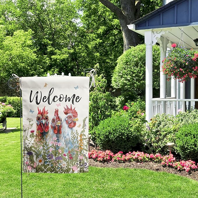 Floral Chicken Garden Flag 28x40 Double Sided Flower Rooster Farmhouse Yard Flag for Outside Welcome Decor