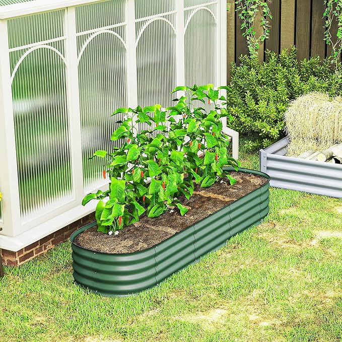 Outsunny 6.5' x 2' x 1' Galvanized Raised Garden Bed Kit, Outdoor Metal Elevated Planter Box with Safety Edging, Easy DIY Stock Tank for Growing Flowers, Herbs & Vegetables, Green