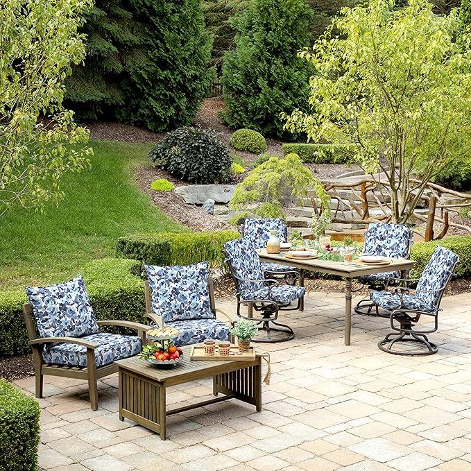 Arden Outdoor Deep Seat Cushion Set (2-Pack), 24 in x 24 in, Weather-Proof, Rain-Proof, Fade Resistant Patio Cushion for Chair, Sofa, and Couch Blue Garden Floral