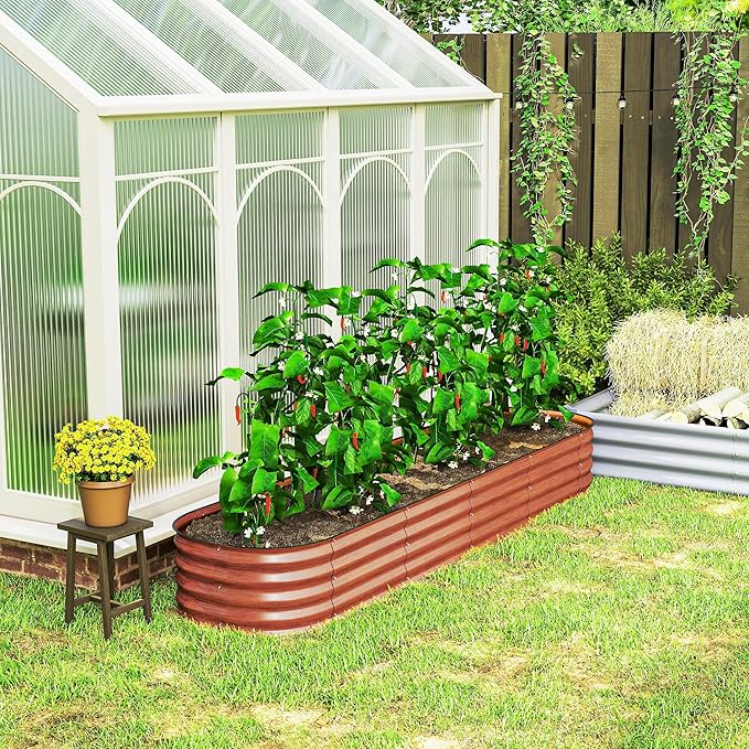 Outsunny 8' x 2' x 1' Galvanized Raised Garden Bed Kit, Outdoor Metal Elevated Planter Box with Safety Edging, Easy DIY Stock Tank for Growing Flowers, Herbs & Vegetables, Dark Brown