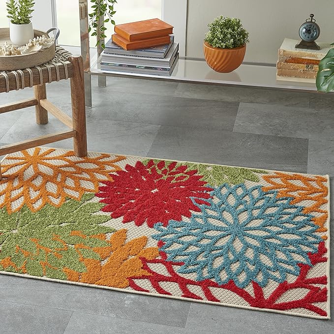 Nourison Home Aloha Indoor/Outdoor Green 2'8" x 4' Area Rug, Tropical, Botanical, Easy Clean, Non Shedding, Bed Room, Living Room, Dining Room, Deck, Backyard, Patio (3x4)