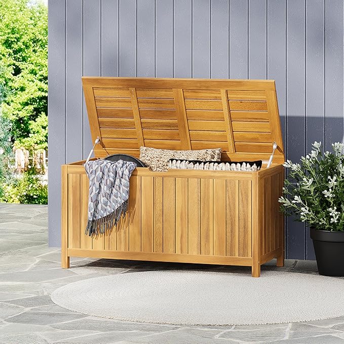 Christopher Knight Home Wood Cabinet Box, Slat Panel Storage Cabinet, Storage Organzier with Easy Open Lid Hinges, Easy Assembly, Outdoor Patio 100 Gallon Acacia Wood Deck Storage Box, Teak