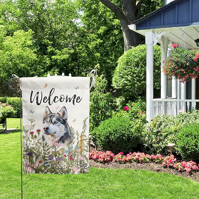 Floral Husky Terrier Garden Flag Spring Summer House Flags 28 x 40 Double Sided Flower Dog Yard Flags for Outside Large Outdoor Welcome Flags