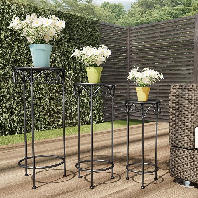 Pure Garden Plant Stand 3-Tier Vertical Shelf Indoor or Outdoor Folding Wrought Iron Home Garden Display with Laser Cut Shelves (Antique White)