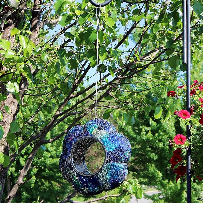 Sunnydaze 10-Inch Glass Mosaic Hanging Bird Feeder for Outdoors - Fly-Through Glass Bird Feeder for Cardinals, Jays, Finches and More - Indigo Flower Mosaic