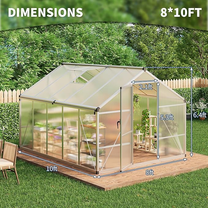 Garvee 8 x 10 ft Greenhouse, Greenhouses for Outside, Polycarbonate Greenhouse with Aluminum Frame, Lockable Door and Ajustable Roof Vent for Backyard, Green Houses for Outside Garden Backyard, Patio
