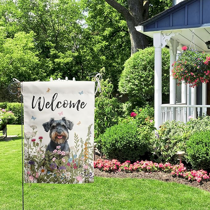 Floral Schnauzer Garden Flag Spring Summer House Flags 28 x 40 Double Sided Flower Dog Yard Flags for Outside Large Outdoor Welcome Flags