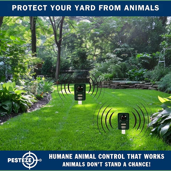 PESTEZE USA Solar Ultrasonic Animal Repellent – Detects & Deters Unwanted Skunk, Deer, Coyote, Fox, Wolf, Rabbit, Raccoon & Birds Using Motion Activation; Outdoor Pest Protection for Yards & Livestock