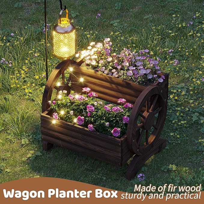 FILWH Wooden Wagon Planters for Outdoor Plants, Flower Cart, Wood Planter Boxes Outdoor, Backyard Decor, Flower Planters Outdoor with Wheels Planter for Flowers Vegetables (Carbonized)