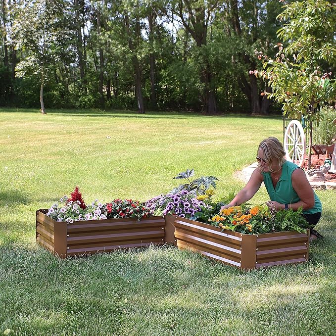 Sunnydaze Galvanized Raised Garden Bed Kit - 5x5x1 ft Outdoor Raised Garden Bed - Metal Planter Box for Vegetables, Flowers, Herbs - Brown - L-Shaped